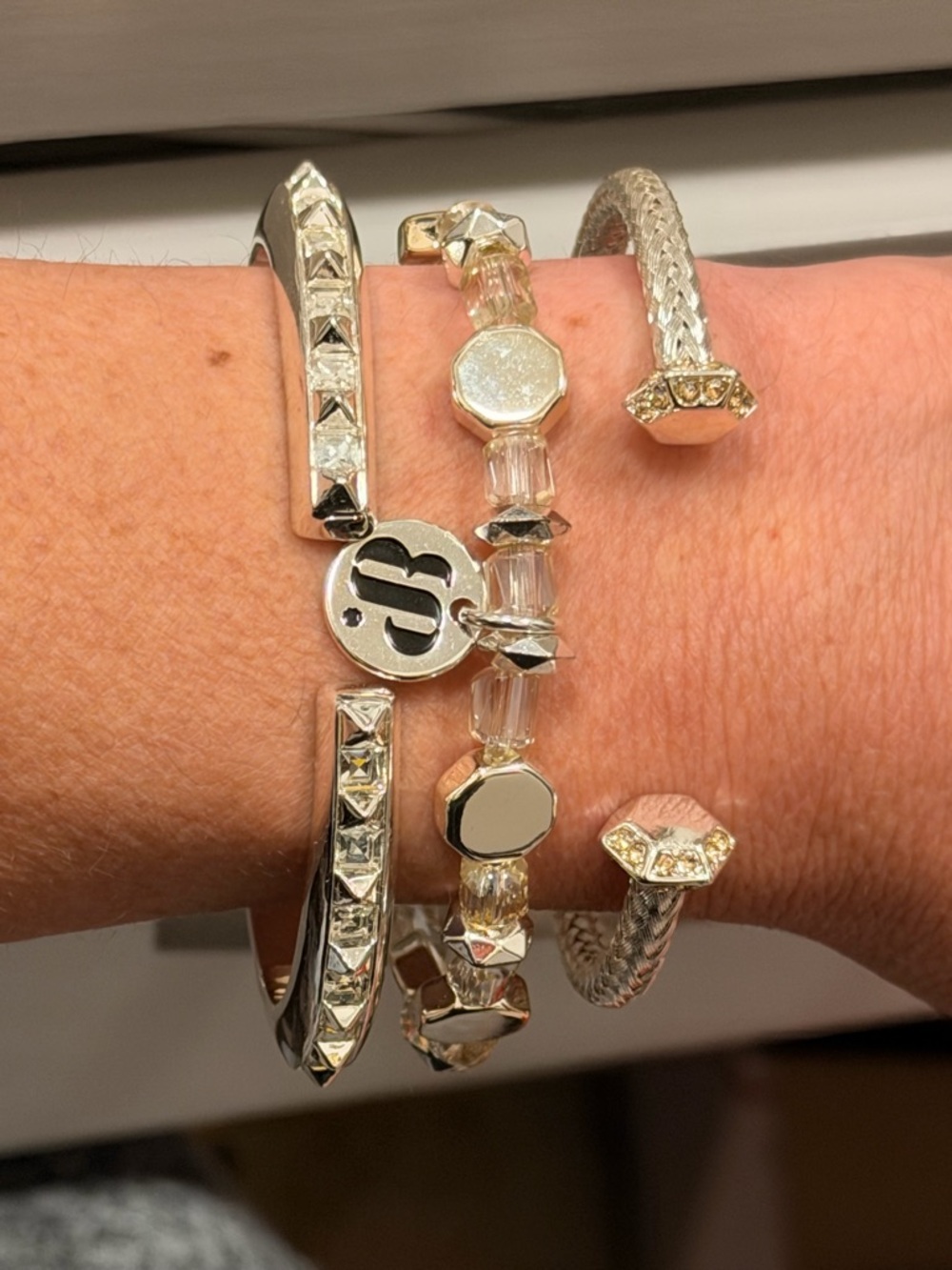 Bomb Party NWOT! Silver Multi-Row Bracelet with Black Enamel Logo Charm - Picture 7 of 8